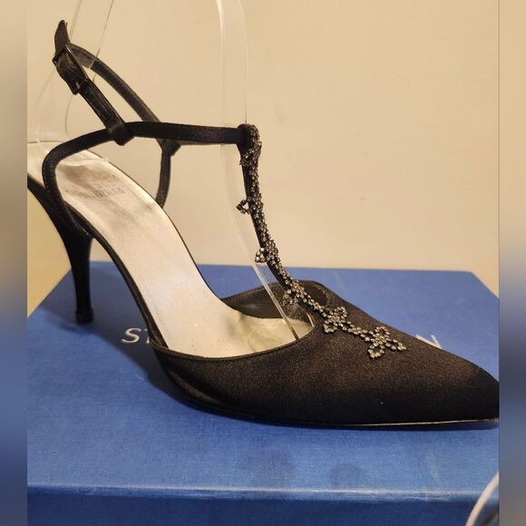(image for) Stuart Weitzman Black Satin Crystal Rhinestone Jeweled T-strap Pumps Sz.8 $425